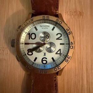 Nixon Men's Chronograph Watch — Silver Dial & Brown Strap